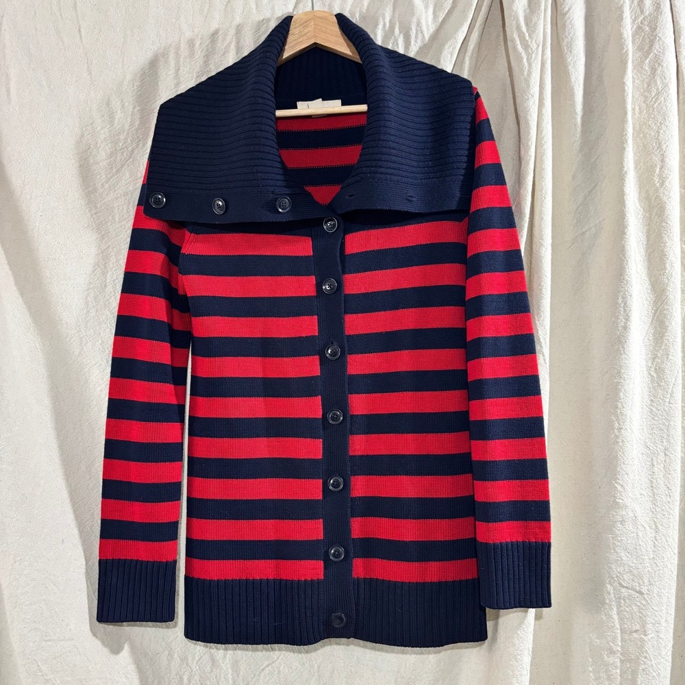 Banana Republic Merino Wool Striped Cardigan Navy Red Shawl Collar Sweater M